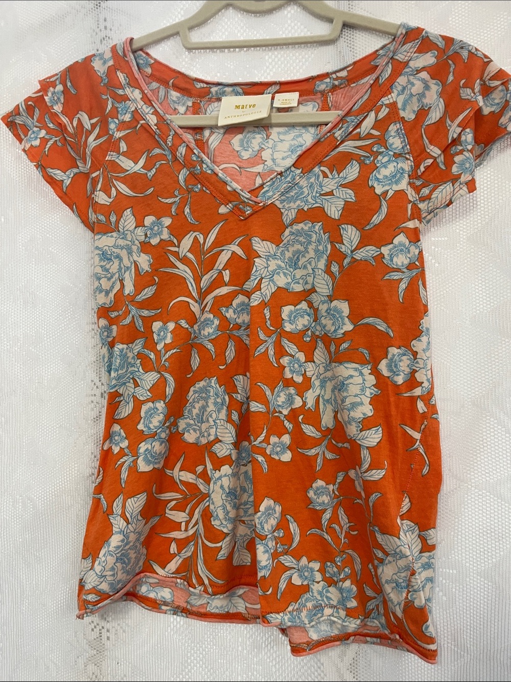 Maeve Orange Floral V-Neck with Ruffle sleeves Blue and Cream Print XS